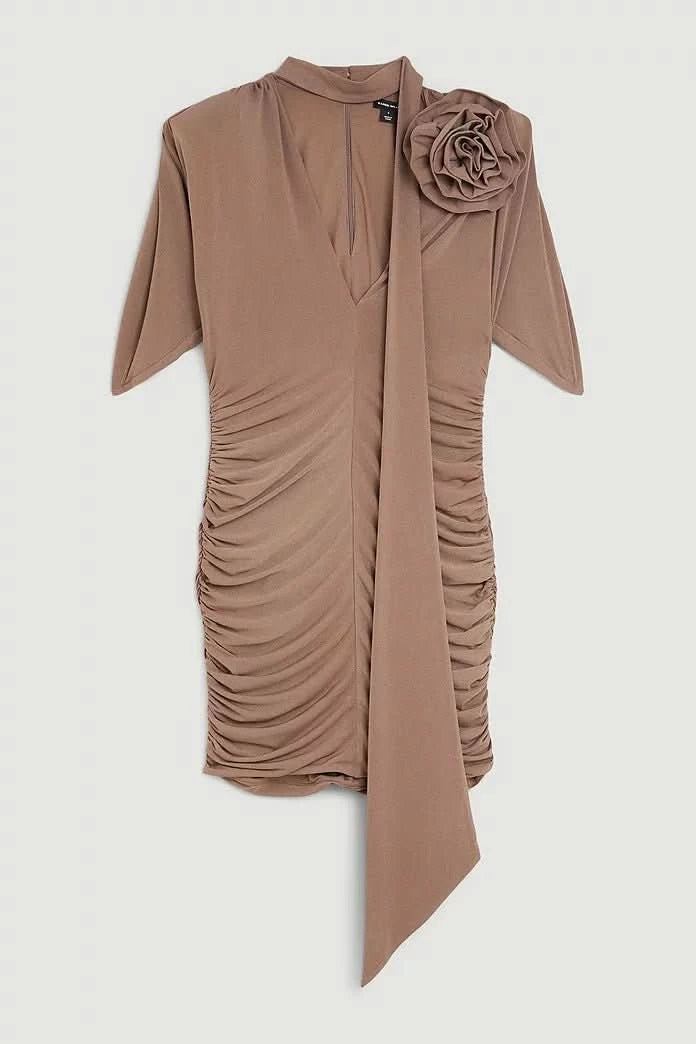 Karen Millen Brown Drape Jersey Rosette Mini Dress UK XS - Reliked