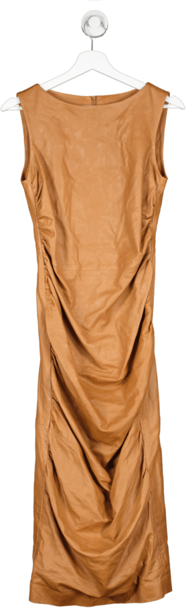 Karen Millen Brown Ruched Leather Midi Dress UK 8 - Reliked