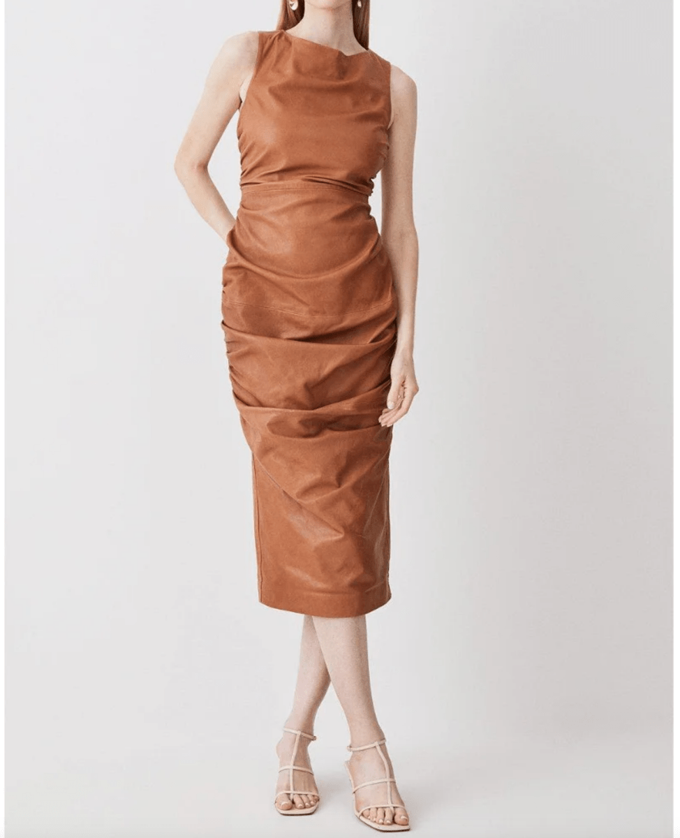 Karen Millen Brown Ruched Leather Midi Dress UK 8 - Reliked