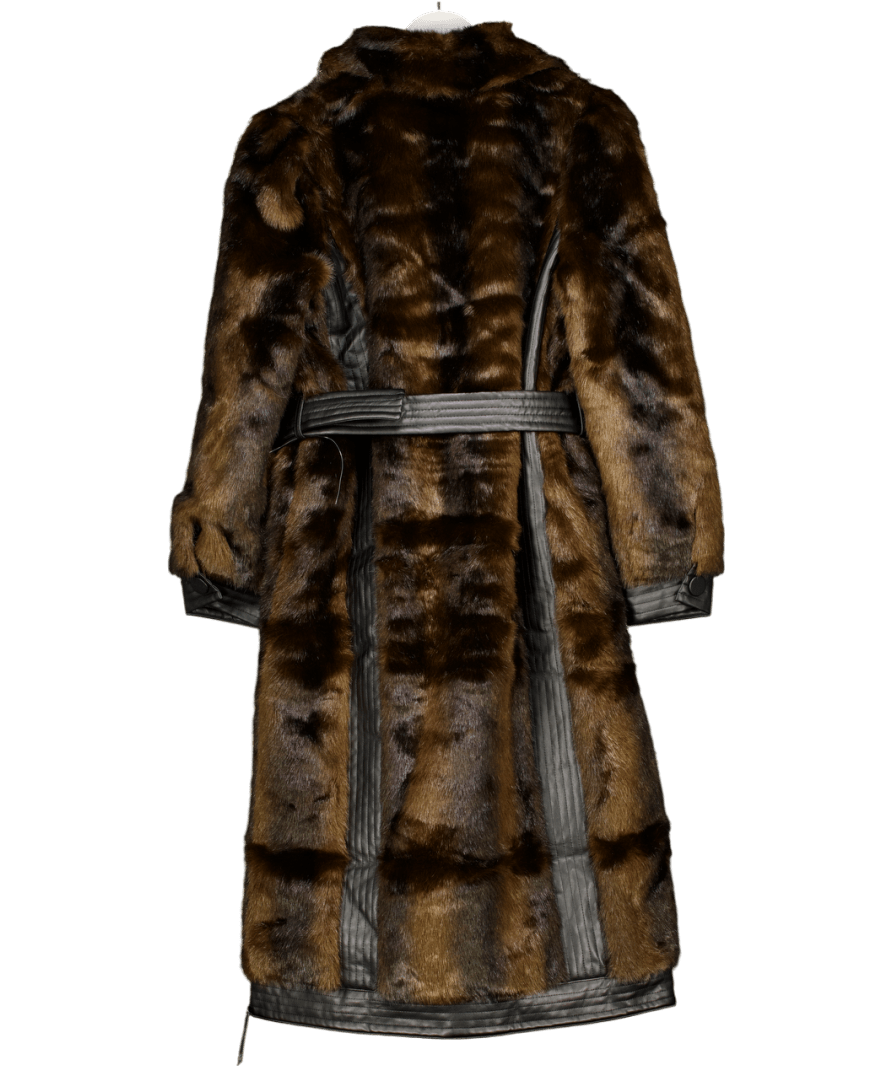 Karen Millen Chocolate Brown Faux Fur Pu Panelled Belted Midi Coat UK 10 - Reliked