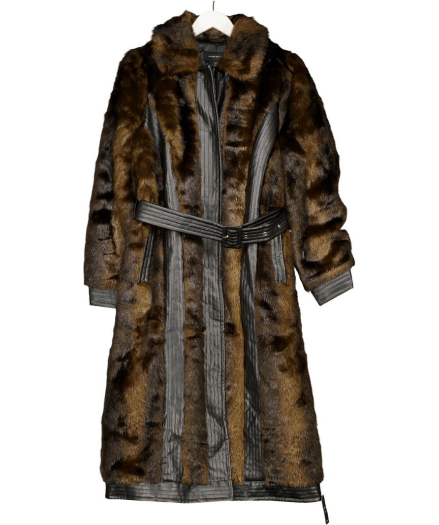 Karen Millen Chocolate Brown Faux Fur Pu Panelled Belted Midi Coat UK 10 - Reliked