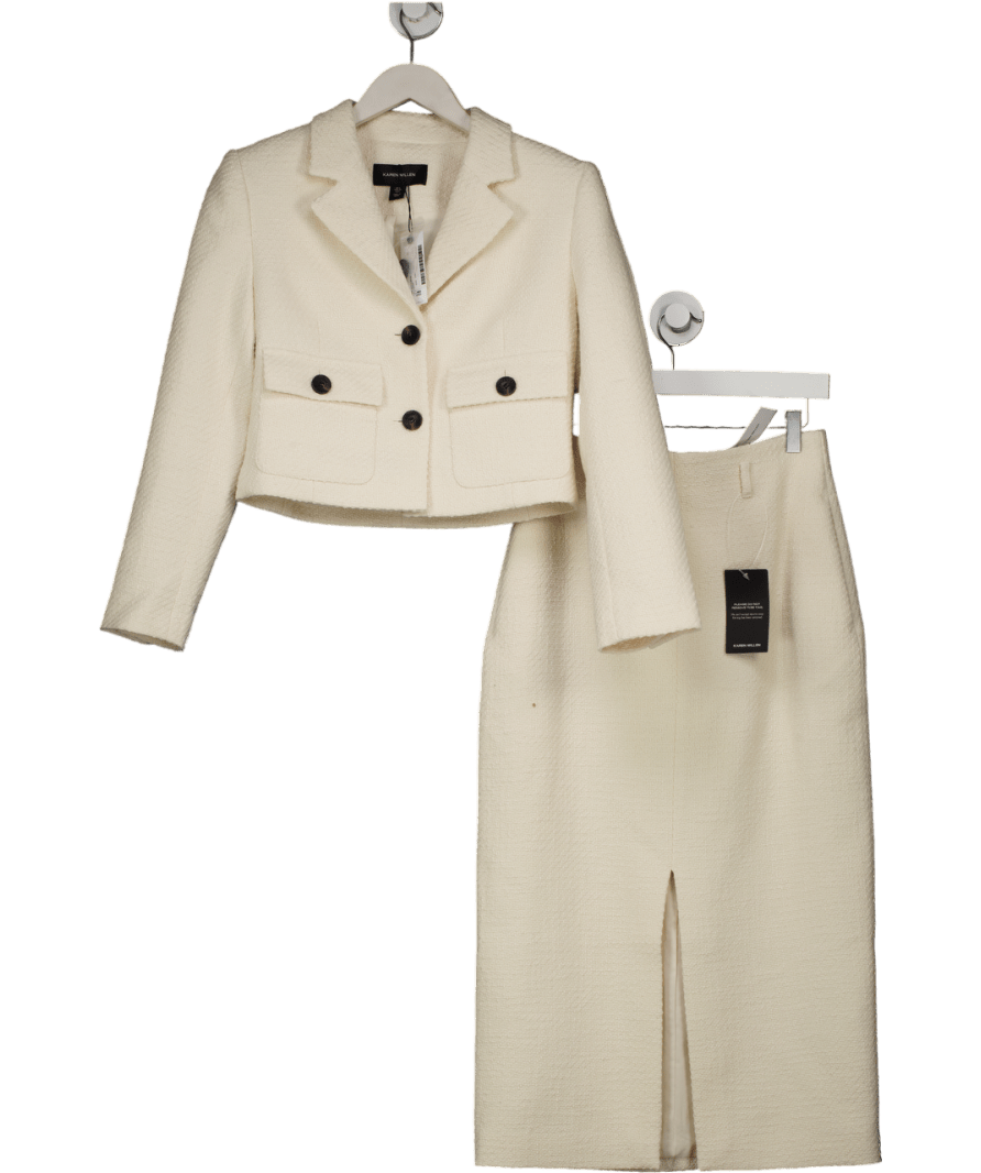Karen Millen Cream Tweed Pocket Front Tailored Cropped Jacket And Pencil Skirt Set UK 6 - Reliked