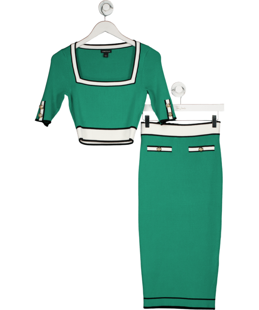 Karen Millen Green 2 - piece Military Style Rib Knit Crop Top And Midi Skirt Set UK S - Reliked