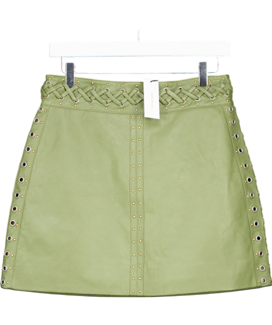 Karen Millen Green Real Leather Eyelet And Lace Trim Detail A Line Mini Skirt UK 10 - Reliked