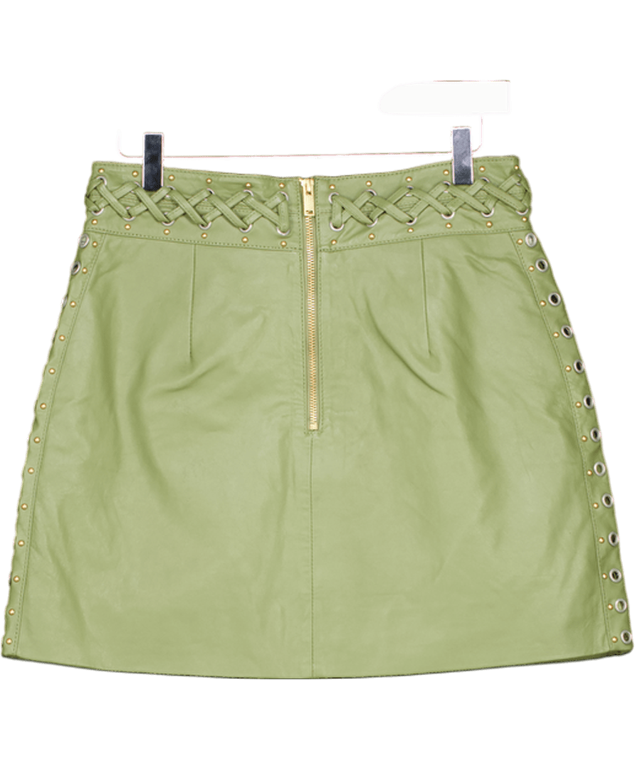 Karen Millen Green Real Leather Eyelet And Lace Trim Detail A Line Mini Skirt UK 10 - Reliked