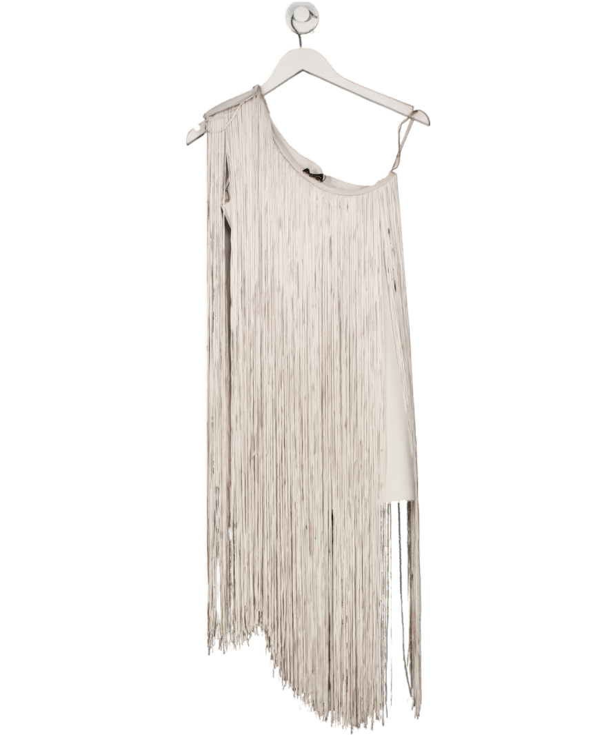 Karen Millen Grey Petite Figure Form Bandage One Shoulder Fringe Mini Knit Dress UK S - Reliked