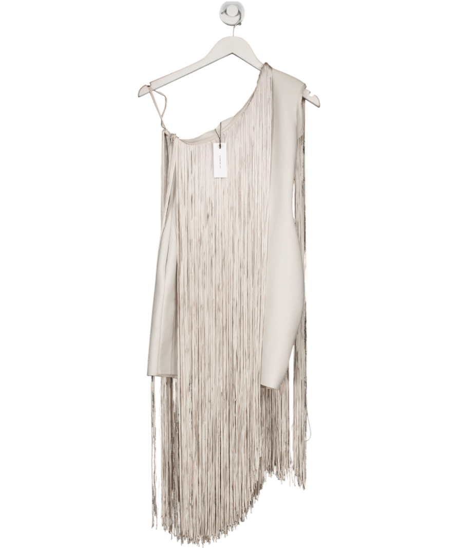 Karen Millen Grey Petite Figure Form Bandage One Shoulder Fringe Mini Knit Dress UK S - Reliked