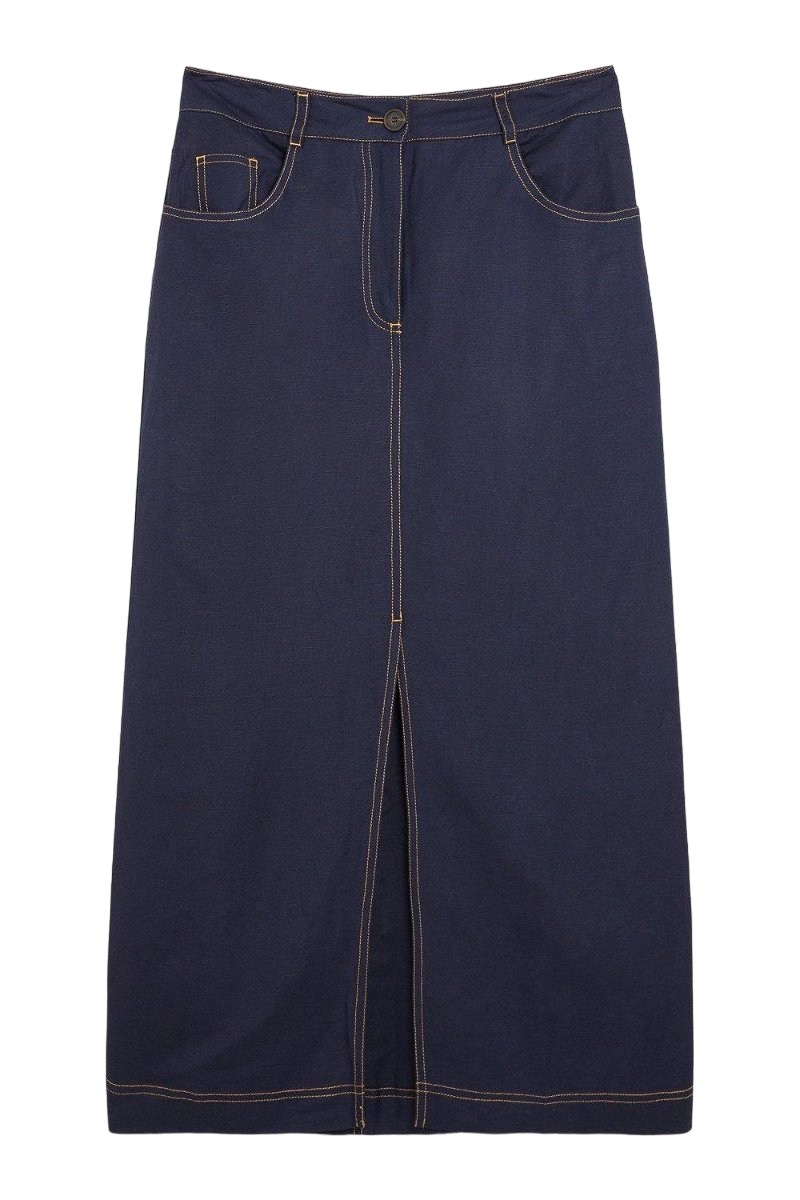 Karen Millen Blue Topstitch Viscose Linen Split Front Skirt UK 6