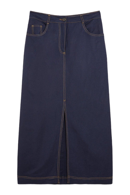 Karen Millen Blue Topstitch Viscose Linen Split Front Skirt UK 6