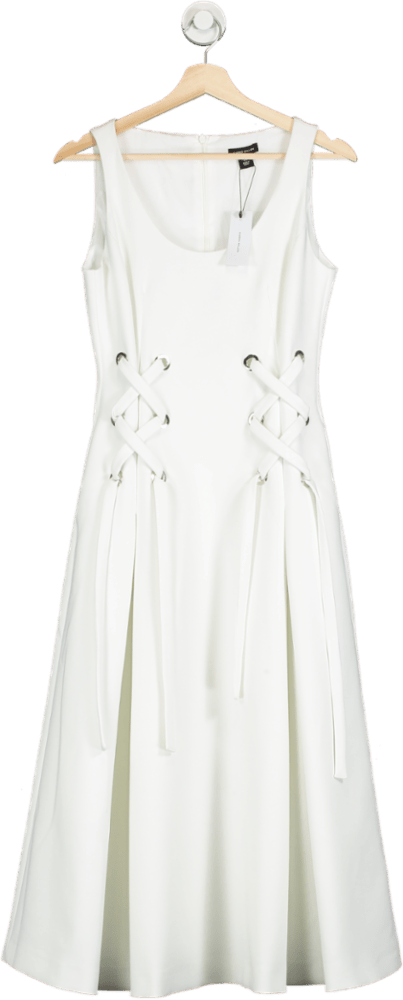 Karen Millen Ivory Compact Stretch Eyelet Detailed Ribbon Midi Dress UK 8 - Reliked