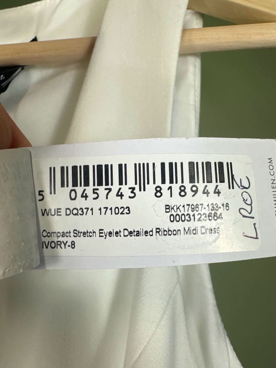 Karen Millen Ivory Compact Stretch Eyelet Detailed Ribbon Midi Dress UK 8 - Reliked