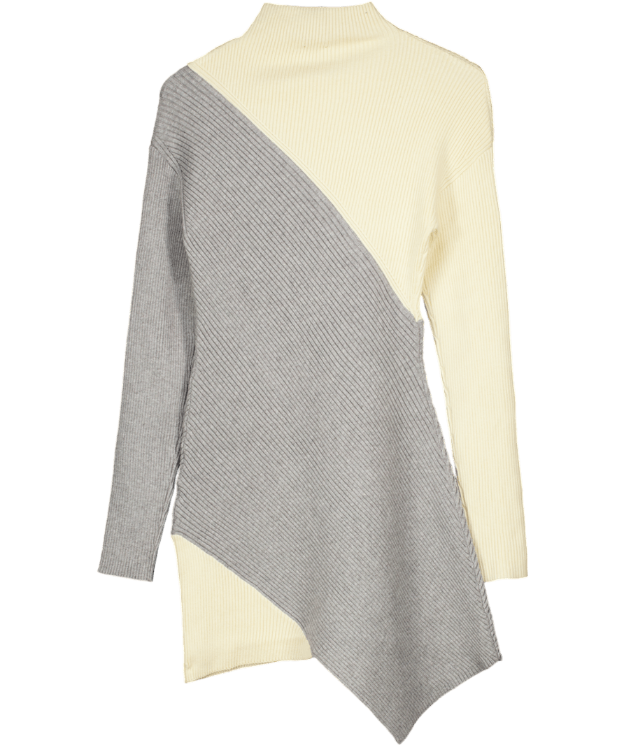 Karen Millen Ivory / Grey Soft Ribbed Asymmetric Hem Knitted Dress UK S - Reliked