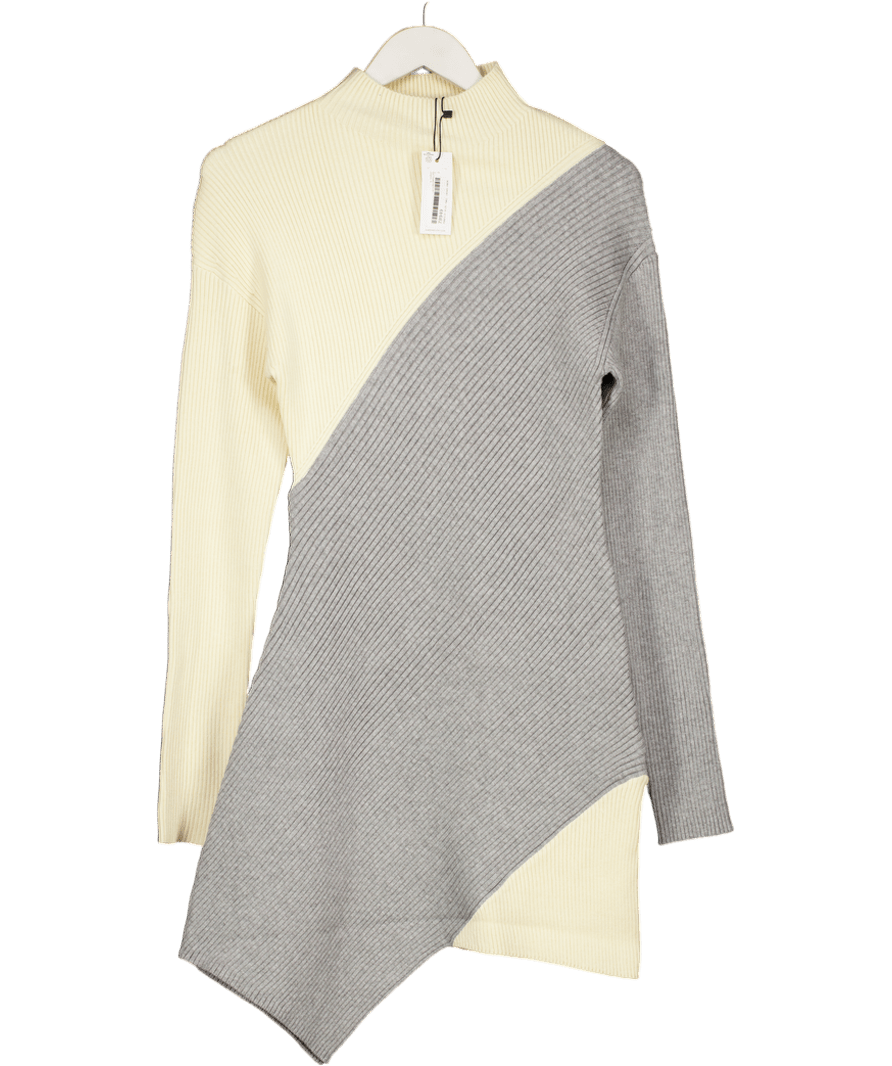 Karen Millen Ivory / Grey Soft Ribbed Asymmetric Hem Knitted Dress UK S - Reliked