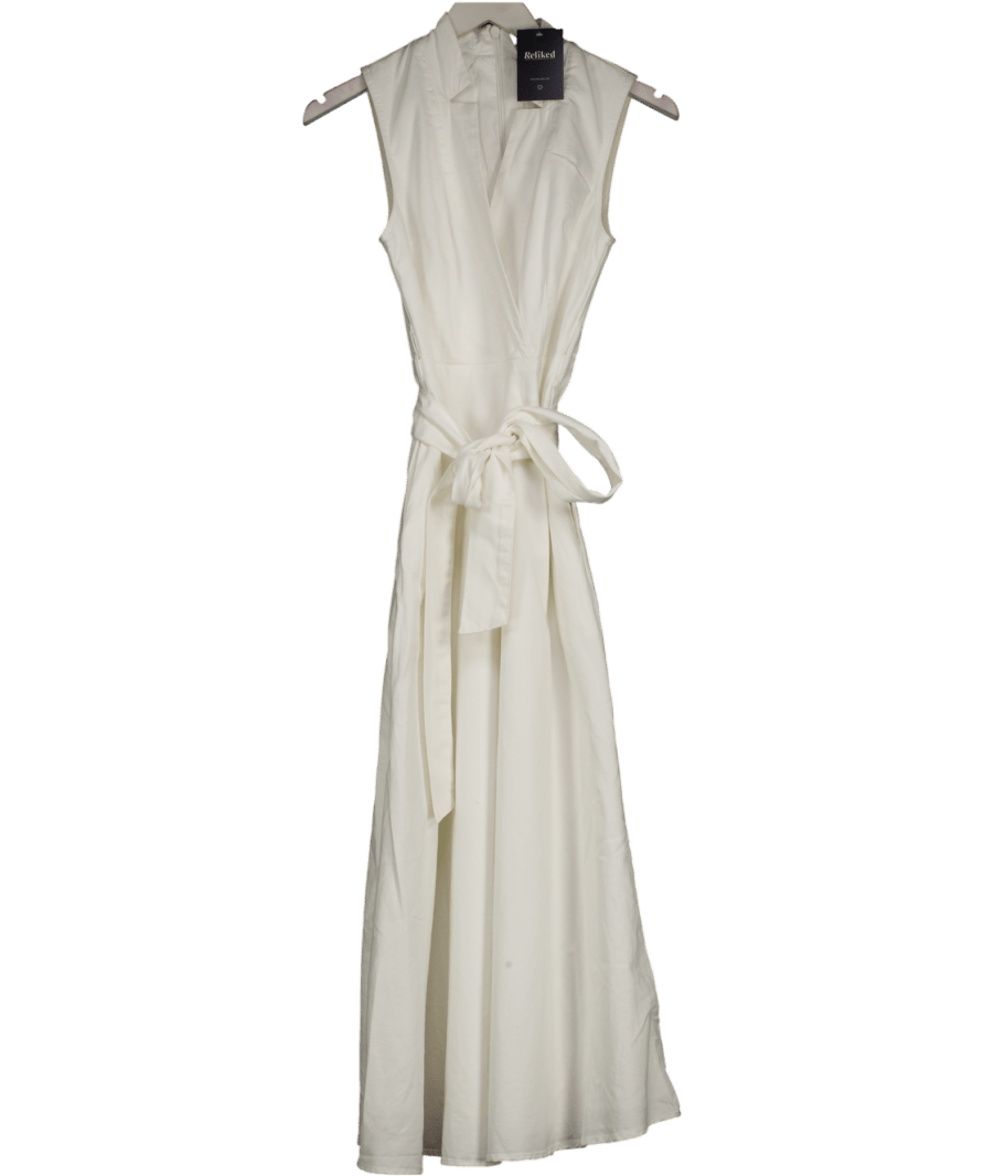 Karen Millen Ivory White Denim Tailored Notch Neck Belted Fluid Midi Dress UK 6 - Reliked
