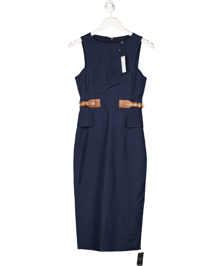 Karen Millen Navy Blue Petite Premium Tailored Linen Tab Waist Pencil Midi Dress UK 4 - Reliked Karen Millen Navy Blue Petite Premium Tailored Linen Tab Waist Pencil Midi Dress UK 4 - Reliked