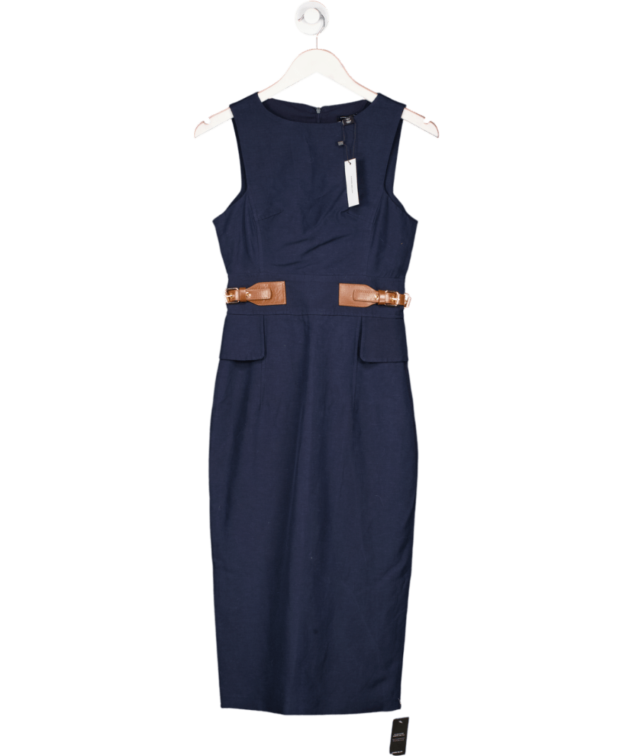 Karen Millen Navy Blue Petite Premium Tailored Linen Tab Waist Pencil Midi Dress UK 4 - Reliked