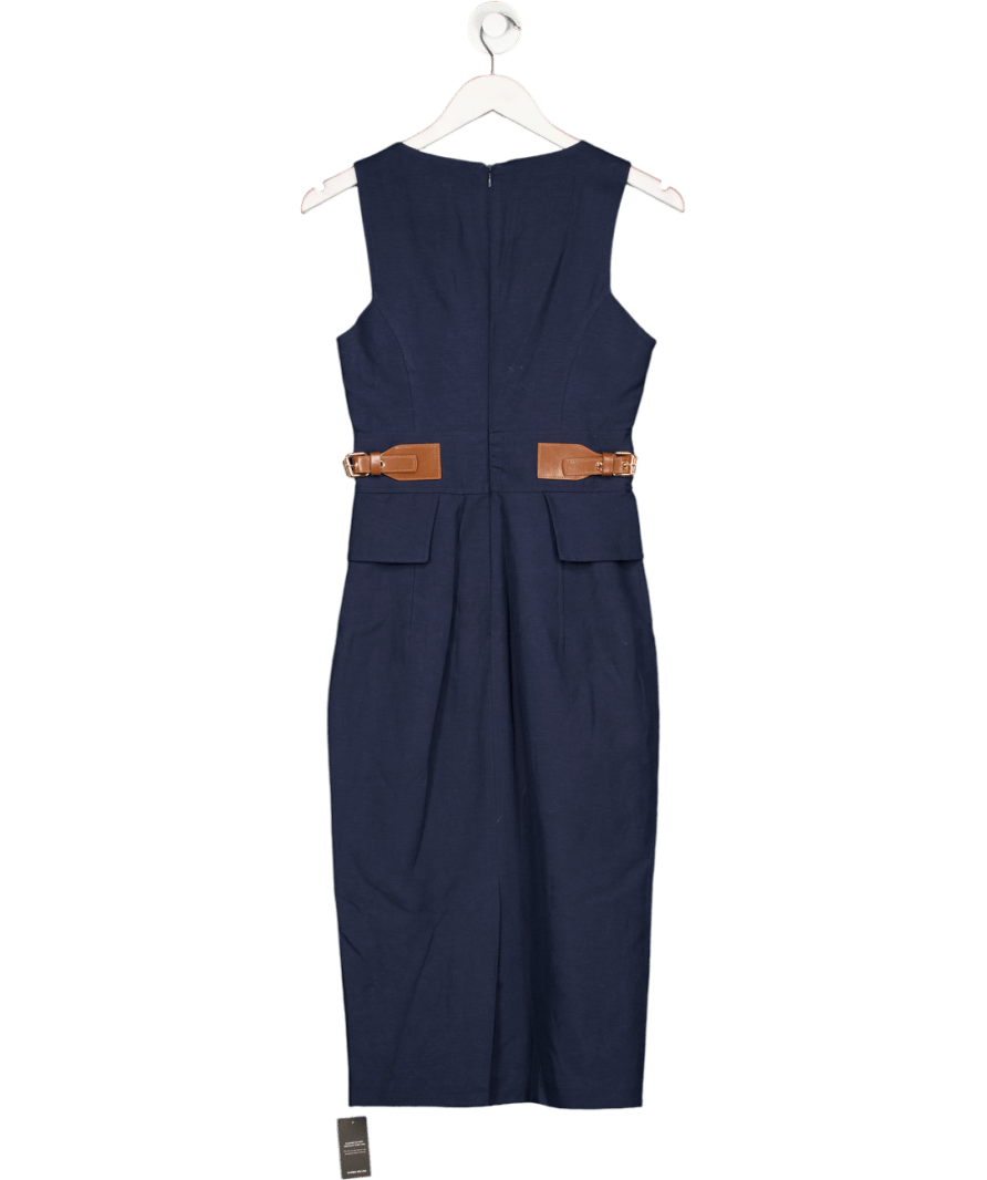 Karen Millen Navy Blue Petite Premium Tailored Linen Tab Waist Pencil Midi Dress UK 4 - Reliked