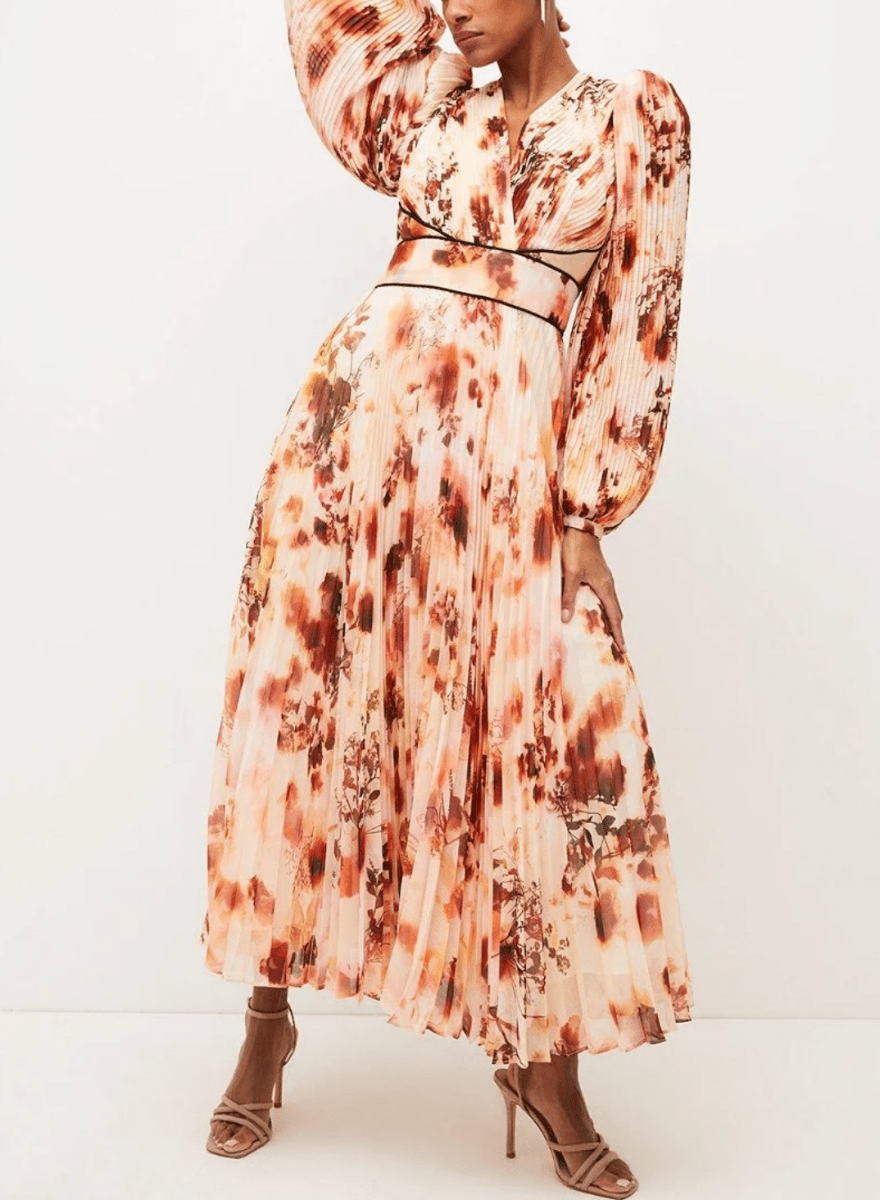 Karen Millen Orange Pressed Floral Pleated Woven Maxi Dress UK 6 - Reliked
