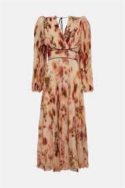 Karen Millen Orange Pressed Floral Pleated Woven Maxi Dress UK 6 - Reliked