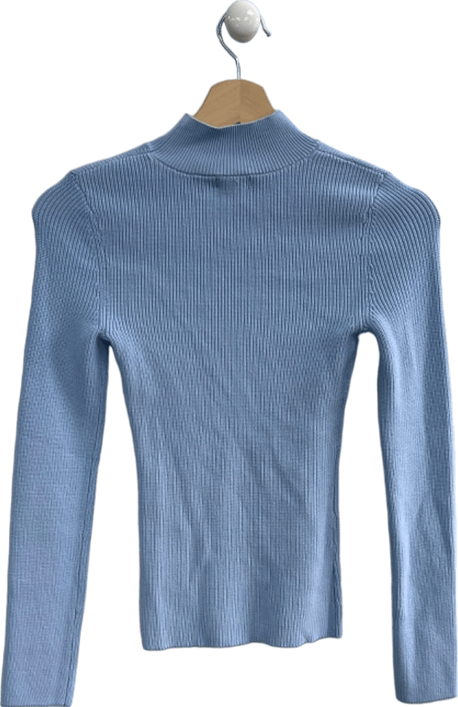 Karen Millen Pale Blue Half Cardigan Rib Compact Knit Funnel Neck Jumper XS - Reliked