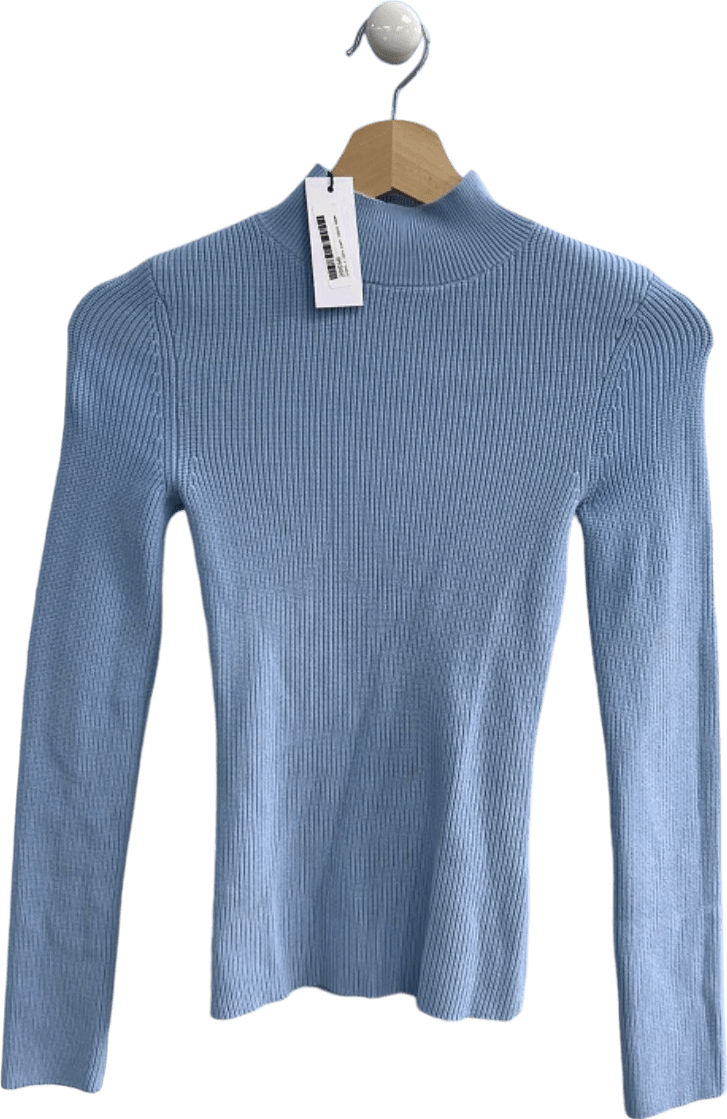 Karen Millen Pale Blue Half Cardigan Rib Compact Knit Funnel Neck Jumper XS - Reliked
