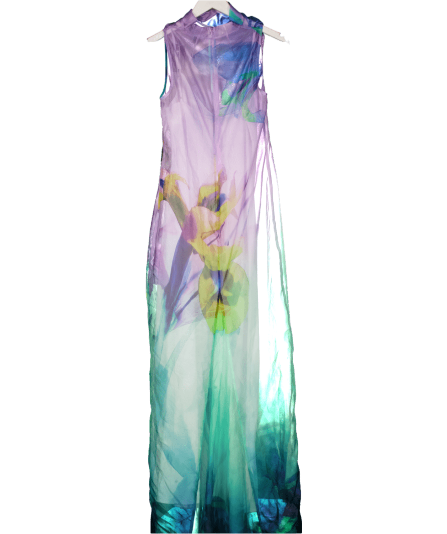 Karen Millen Purple Lilac Organza Placement Print High Neck Maxi Dress UK 6 - Reliked
