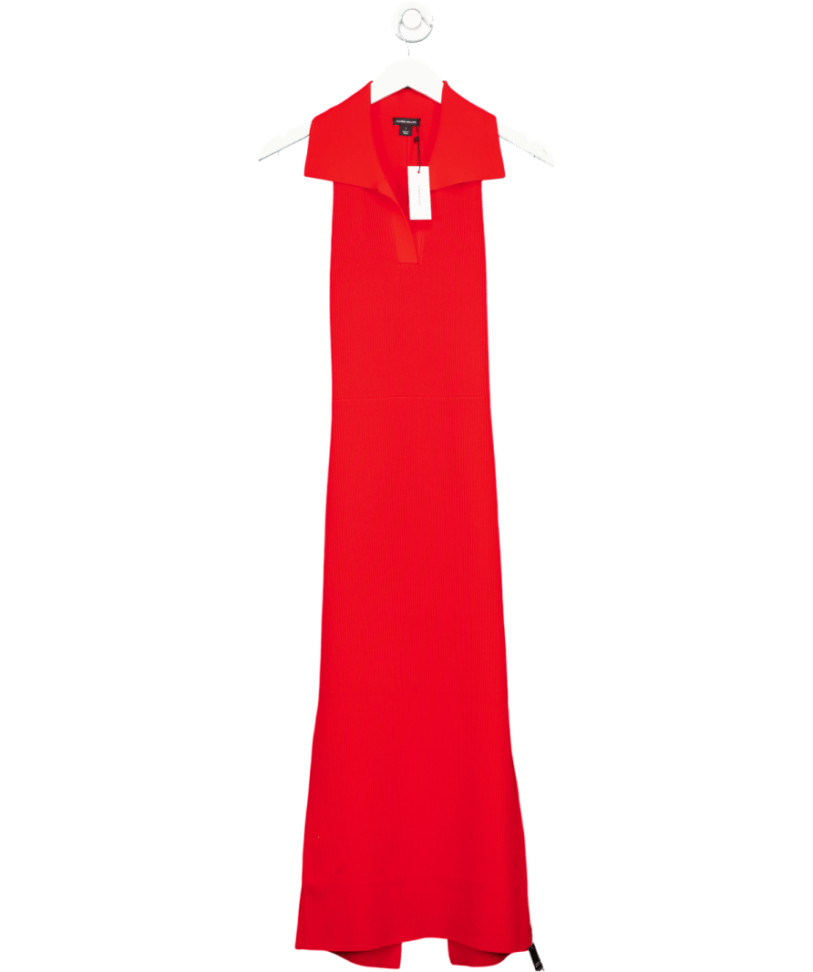 Karen Millen Red Stitch Sleeveless Collar Detail Knitted Midi Dress UK S - Reliked