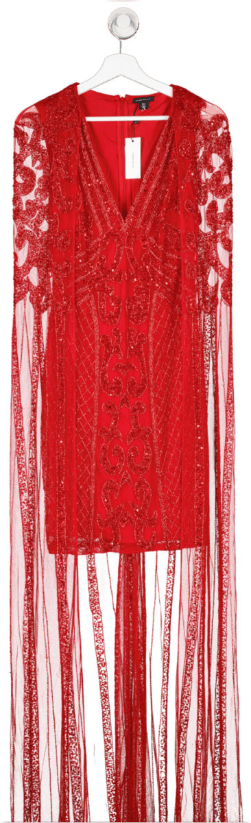 Karen Millen Red Tail Embellished Maxi Dress With Cape UK 6 - Reliked