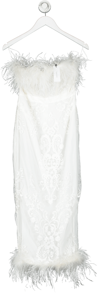 Karen Millen White Graphic Embroidered Mesh Feather Woven Midi Dress UK 8 - Reliked