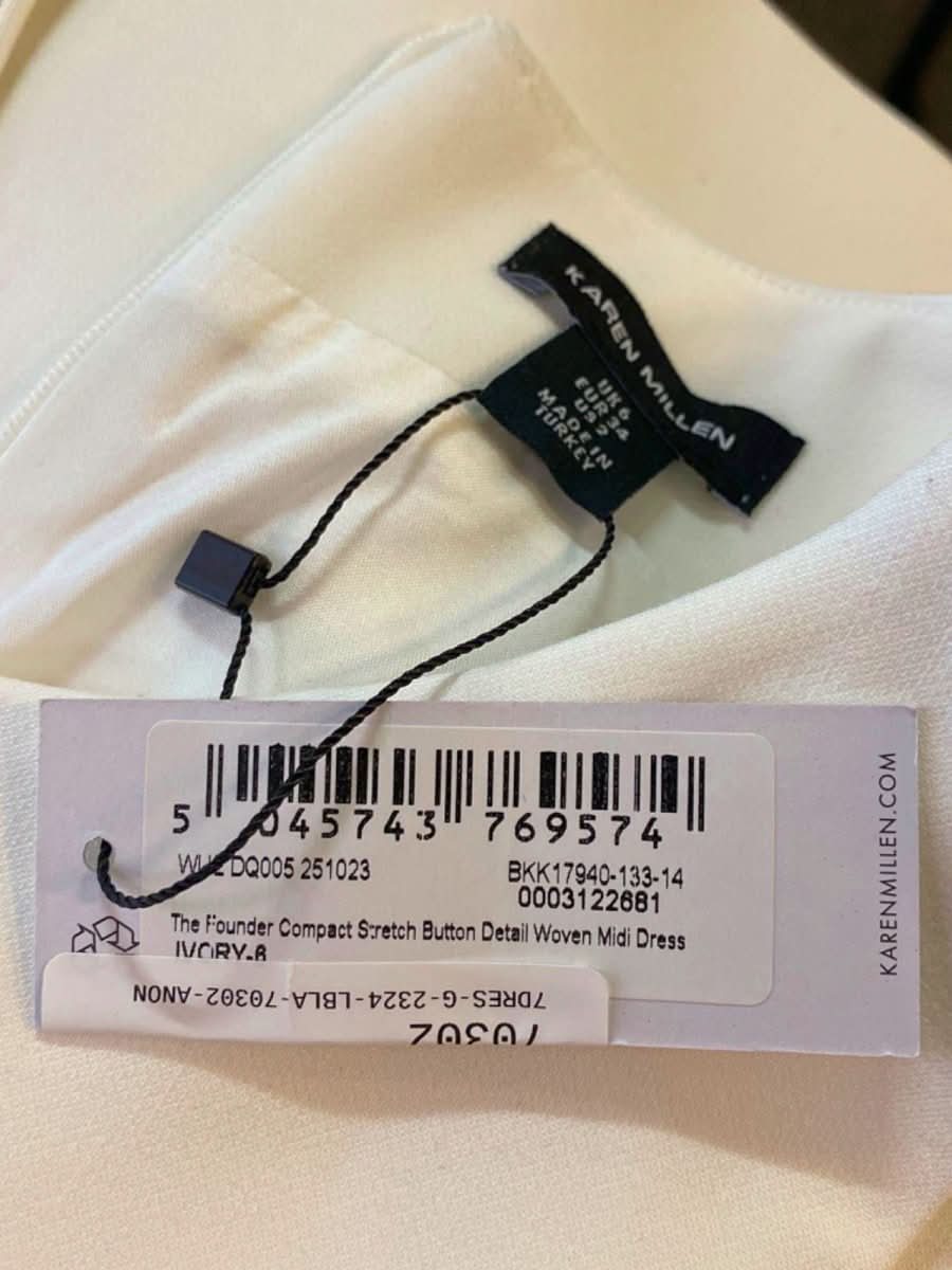 Karen Millen White The Founder Compact Stretch Button Detail Woven Midi Dress UK 6 - Reliked