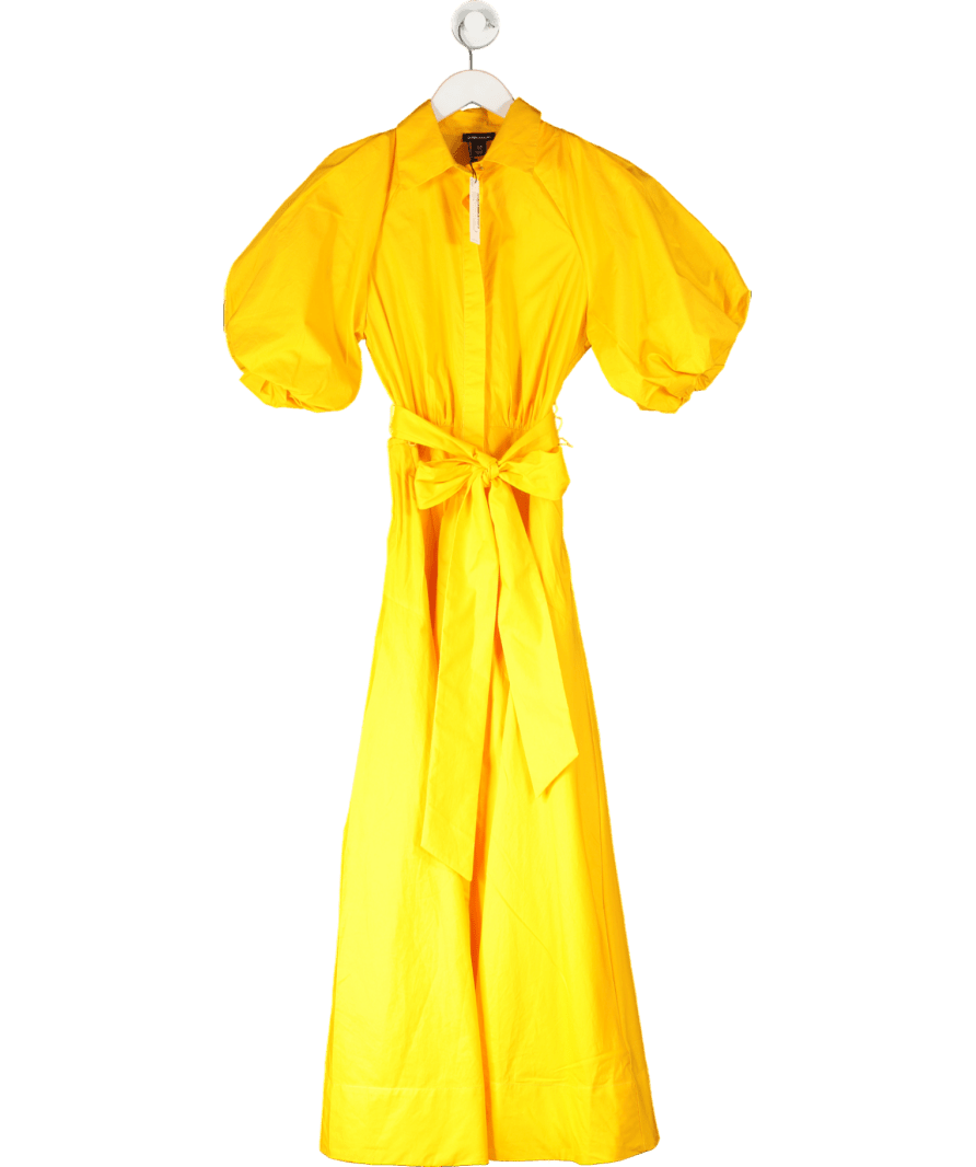 Karen Millen Yellow Cotton Puff Sleeve Woven Midi Shirt Dress With Dropped Waist Detail UK 10 - Reliked