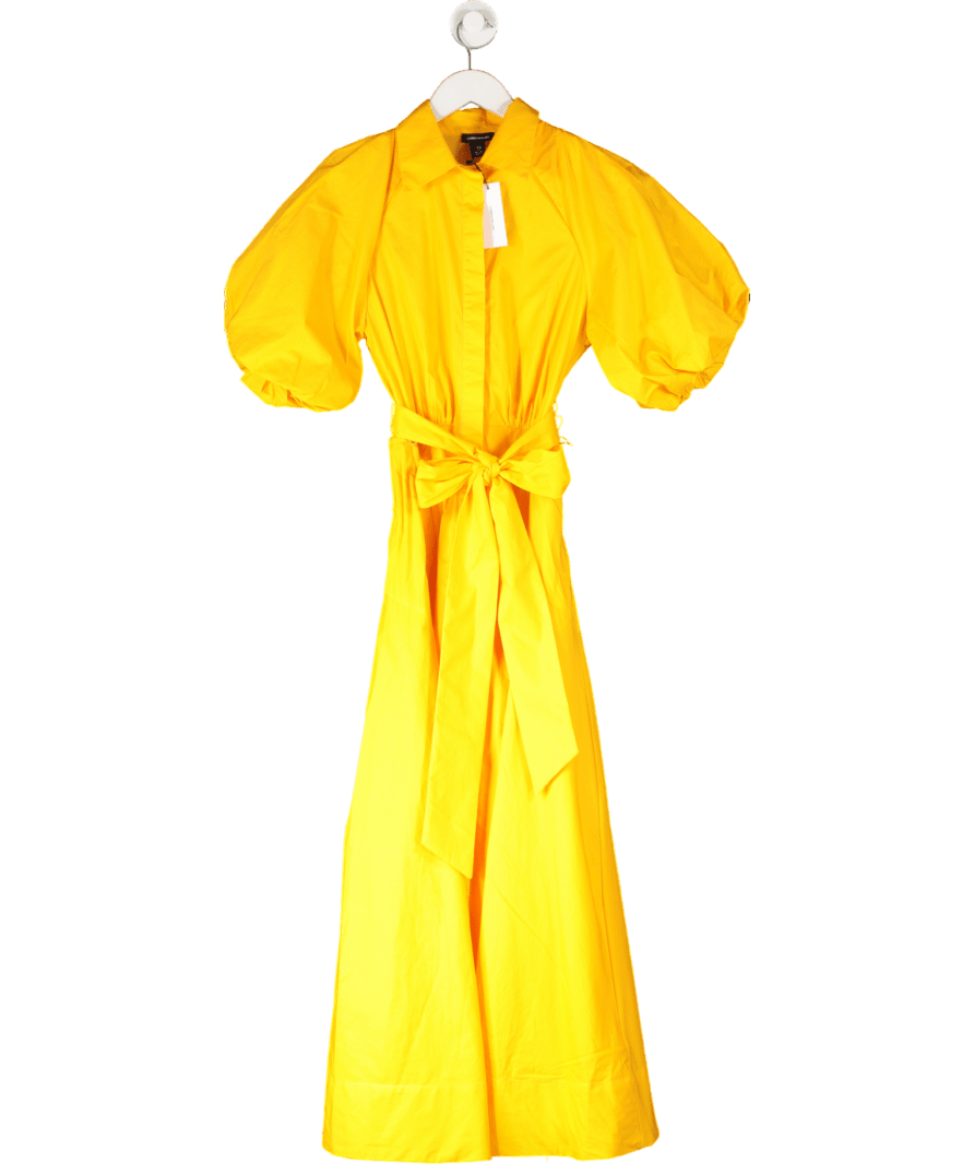 Karen Millen Yellow Cotton Puff Sleeve Woven Midi Shirt Dress With Dropped Waist Detail UK 10 - Reliked