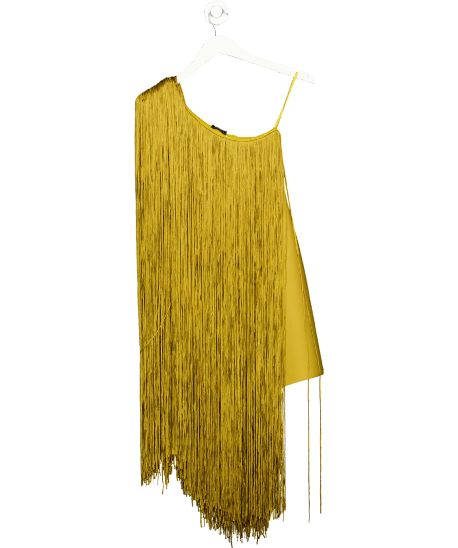 Karen Millen Yellow Figure Form Bandage One Shoulder Fringe Mini Knit Dress UK S - Reliked
