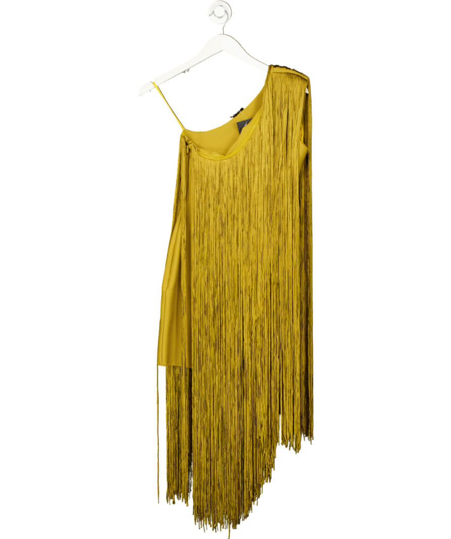 Karen Millen Yellow Figure Form Bandage One Shoulder Fringe Mini Knit Dress UK S - Reliked
