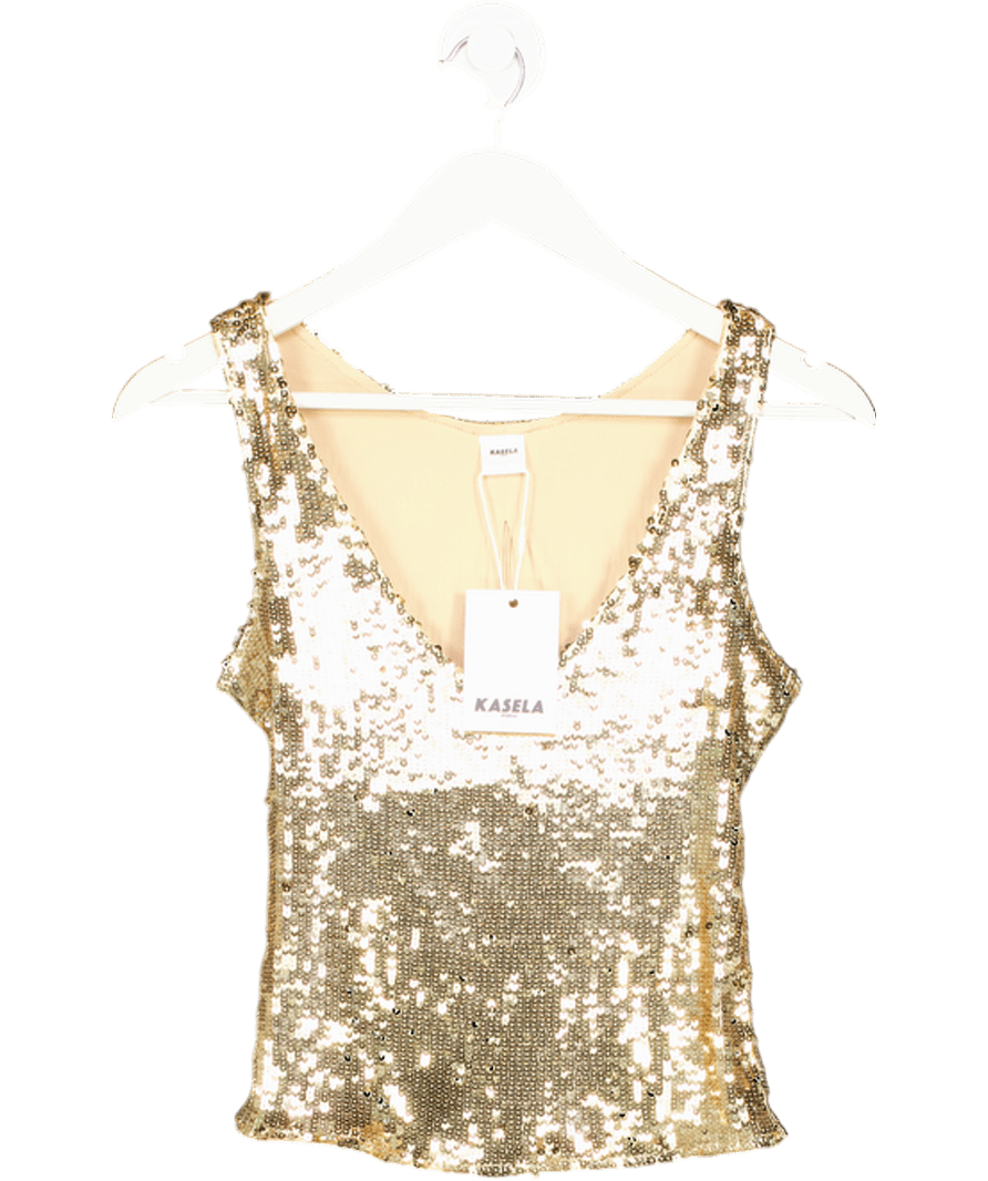 KASELA Metallic Sequin Vest Top In Gold UK S - Reliked