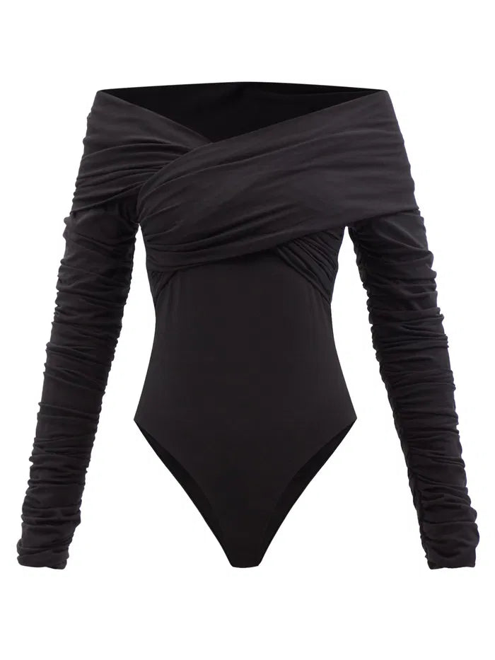 KHAITE Black Lilli Off The Shoulder Bodysuit UK M