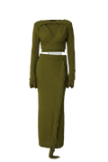 NA-KD Knitted Overlap Fringe Detail Top And Midi Skirt Set Khaki Green UK S