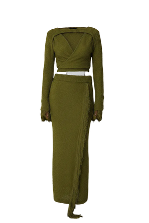 NA-KD Knitted Overlap Fringe Detail Top And Midi Skirt Set Khaki Green UK S