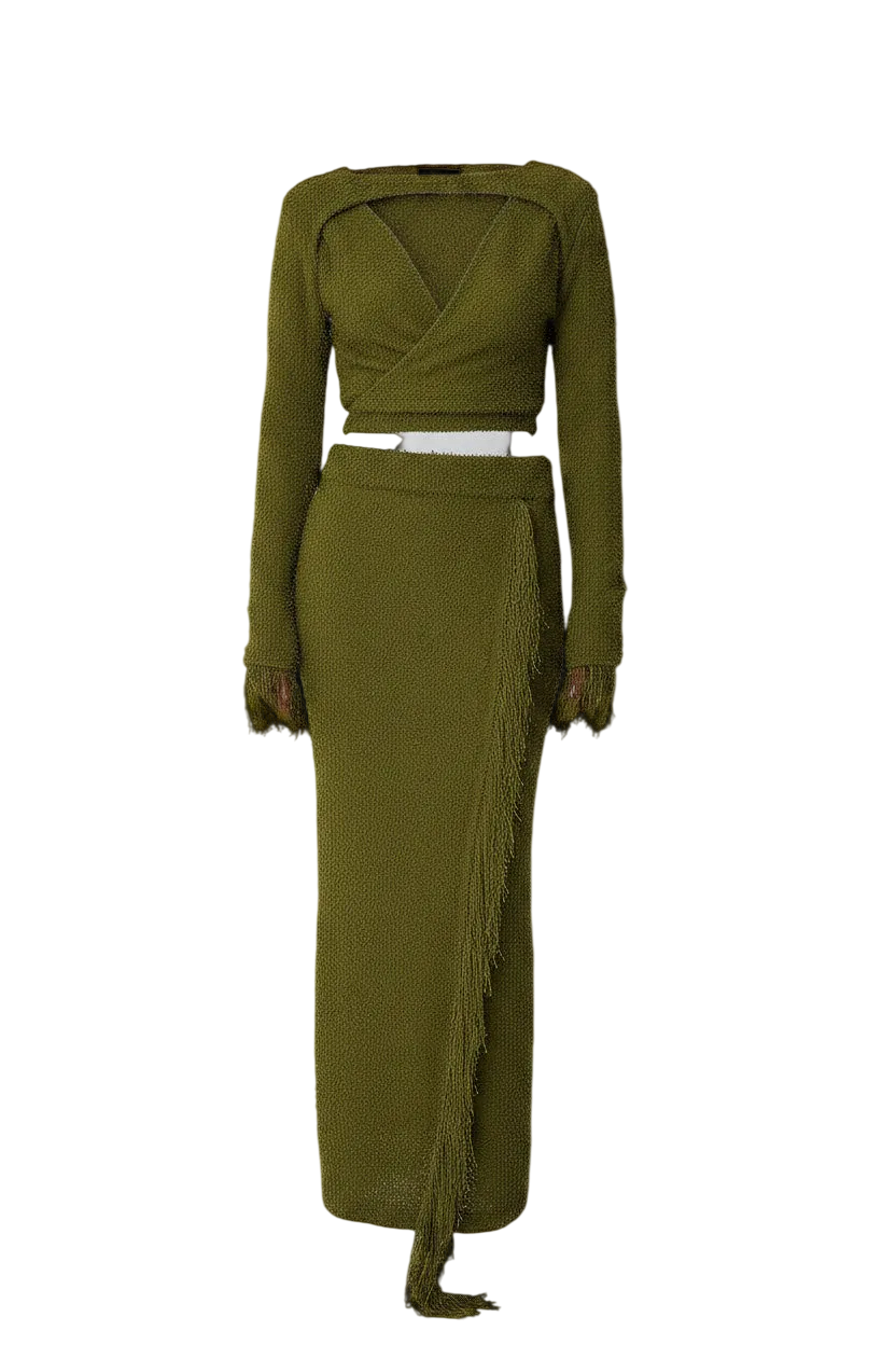 NA-KD Knitted Overlap Fringe Detail Top And Midi Skirt Set Khaki Green UK S