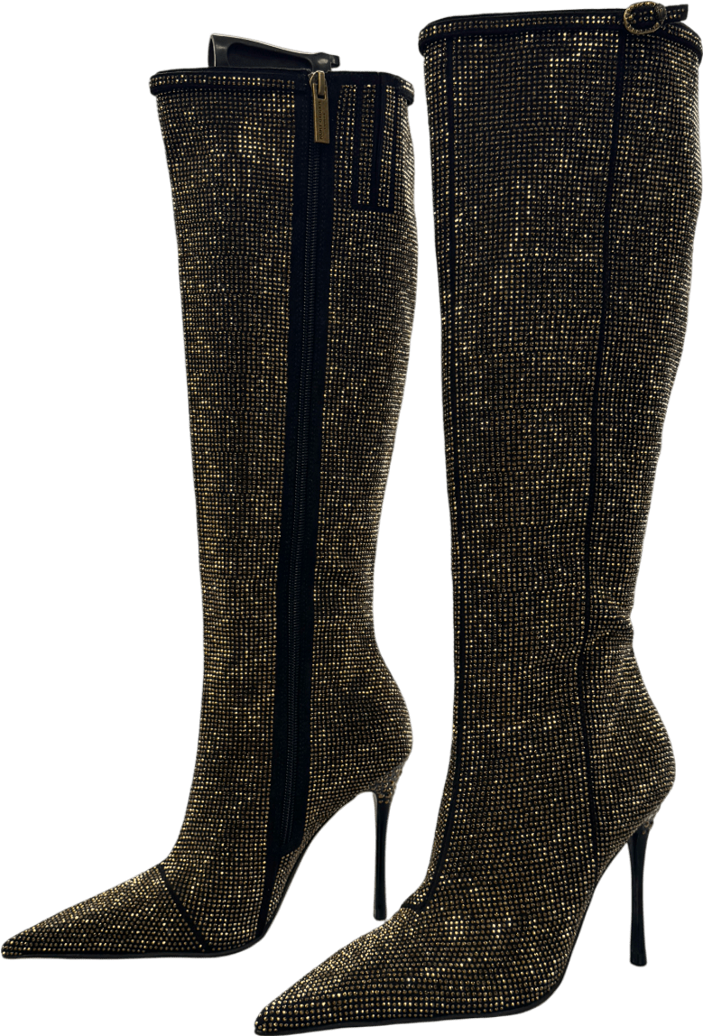 Kurt Geiger Black /gold Crystal - embellished Heeled Woven Knee - high Boot UK 4 EU 37 👠 - Reliked