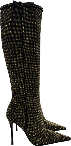 Kurt Geiger Black /gold Crystal-embellished Heeled Woven Knee-high Boot UK 4 EU 37