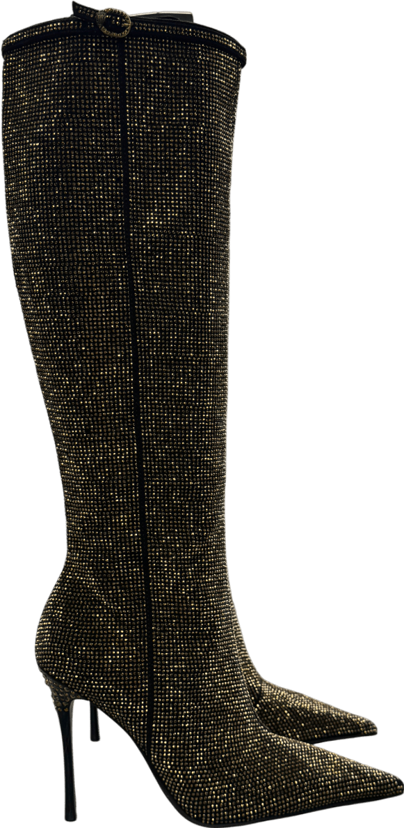 Kurt Geiger Black /gold Crystal - embellished Heeled Woven Knee - high Boot UK 4 EU 37 👠 - Reliked