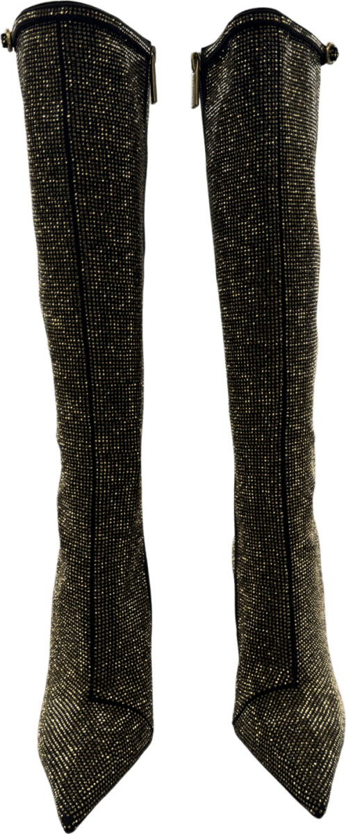 Kurt Geiger Black /gold Crystal - embellished Heeled Woven Knee - high Boot UK 4 EU 37 👠 - Reliked