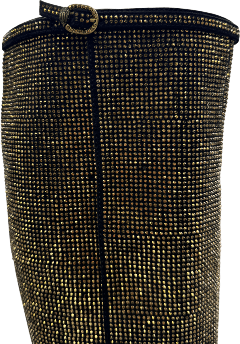 Kurt Geiger Black /gold Crystal - embellished Heeled Woven Knee - high Boot UK 4 EU 37 👠 - Reliked