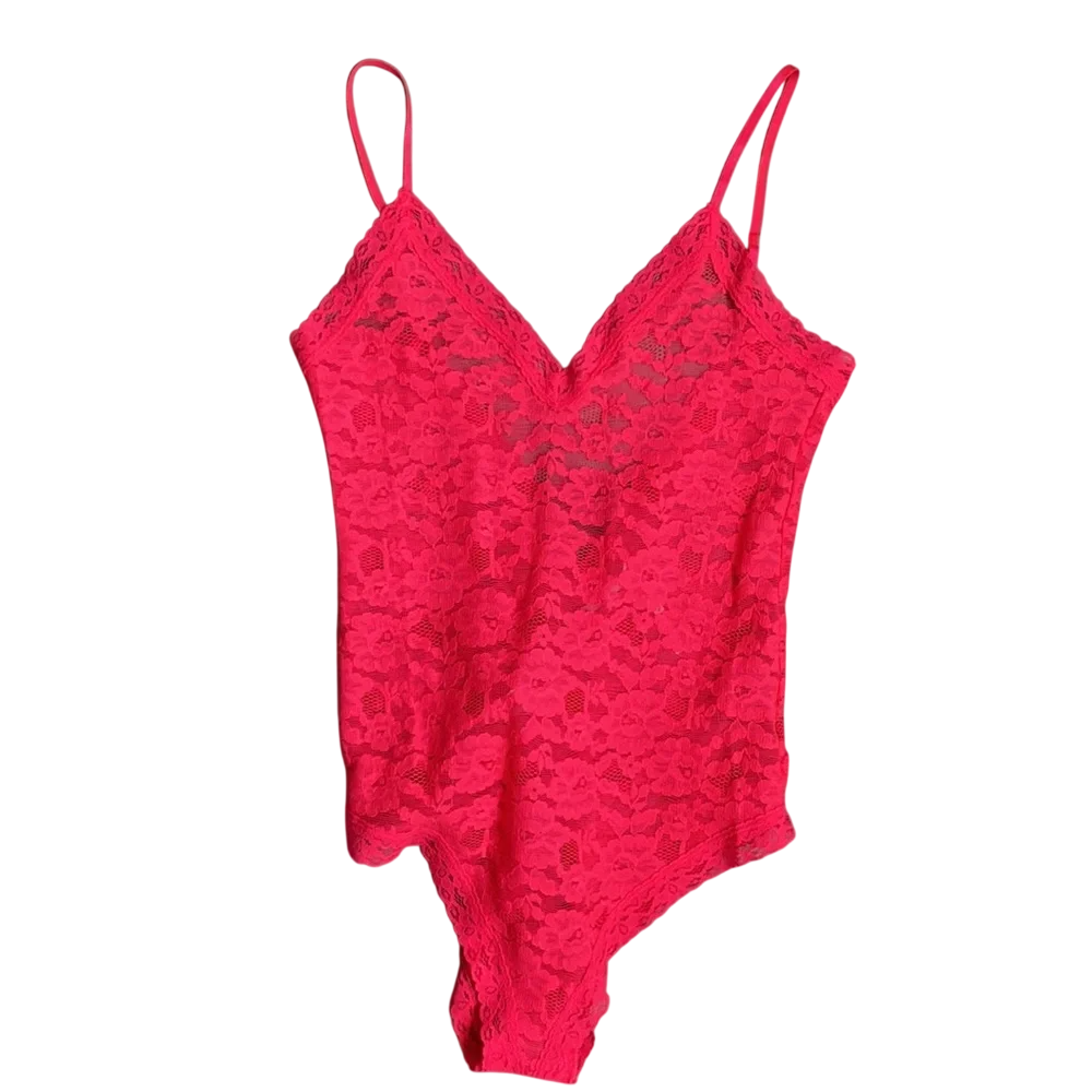 ANTHROPOLOGIE Sabrina V-neck Lace Bodysuit In  Vibrant Coral Pink UK M