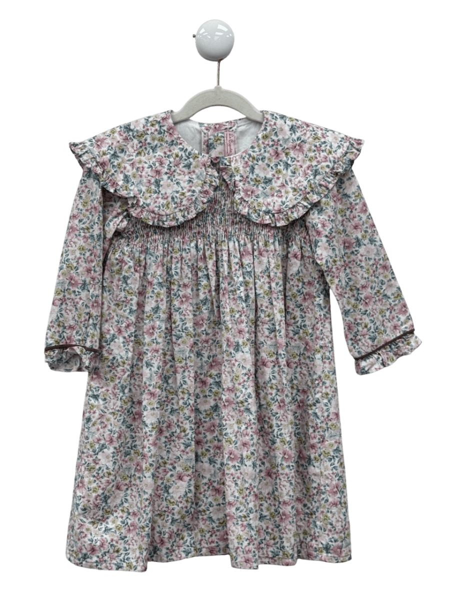 LA COQUETA KIDS White Whie / Pink Floral Long Sleeve Smocked Dress 6 Years - Reliked