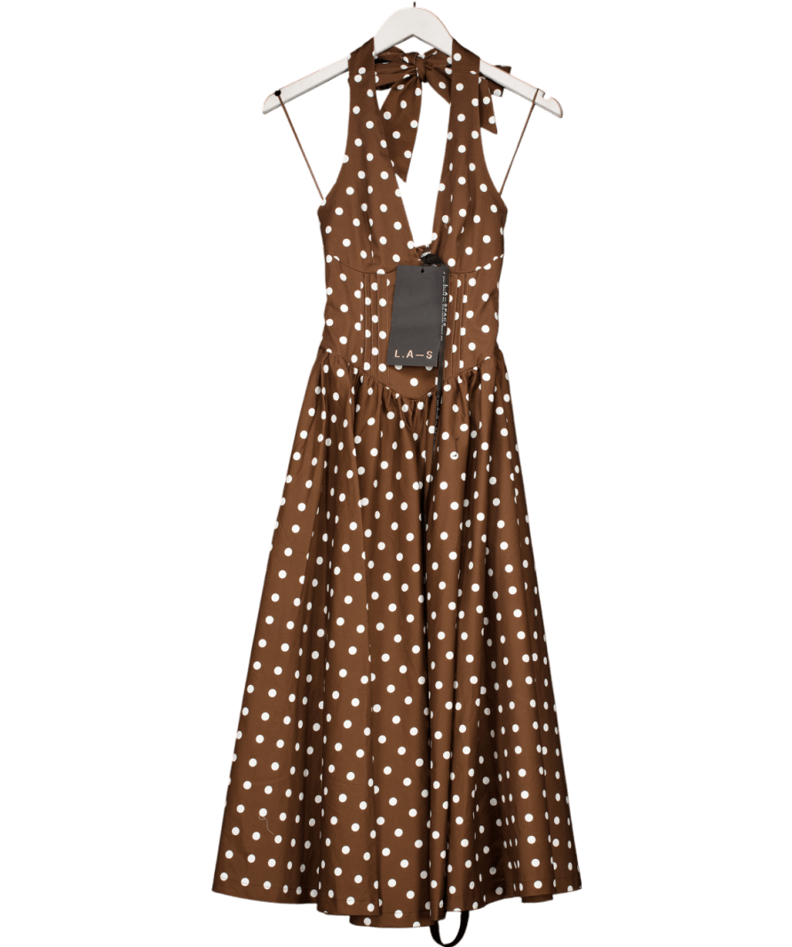 L.A - SPACE 'pretty Woman' Polka Dot Halter Neck Corset Midi Dress Brown UK 6 - Reliked