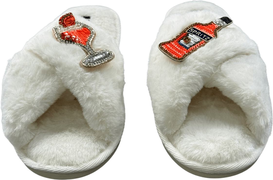 Laines London Ivory White Classic Slippers With Summer Spritzer Brooches UK L / UK 7 - 8 - Reliked