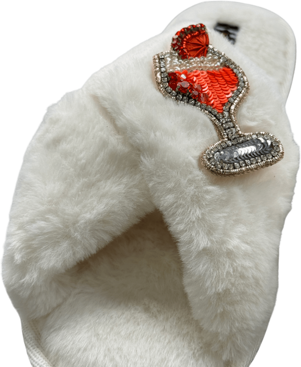 Laines London Ivory White Classic Slippers With Summer Spritzer Brooches UK L / UK 7 - 8 - Reliked