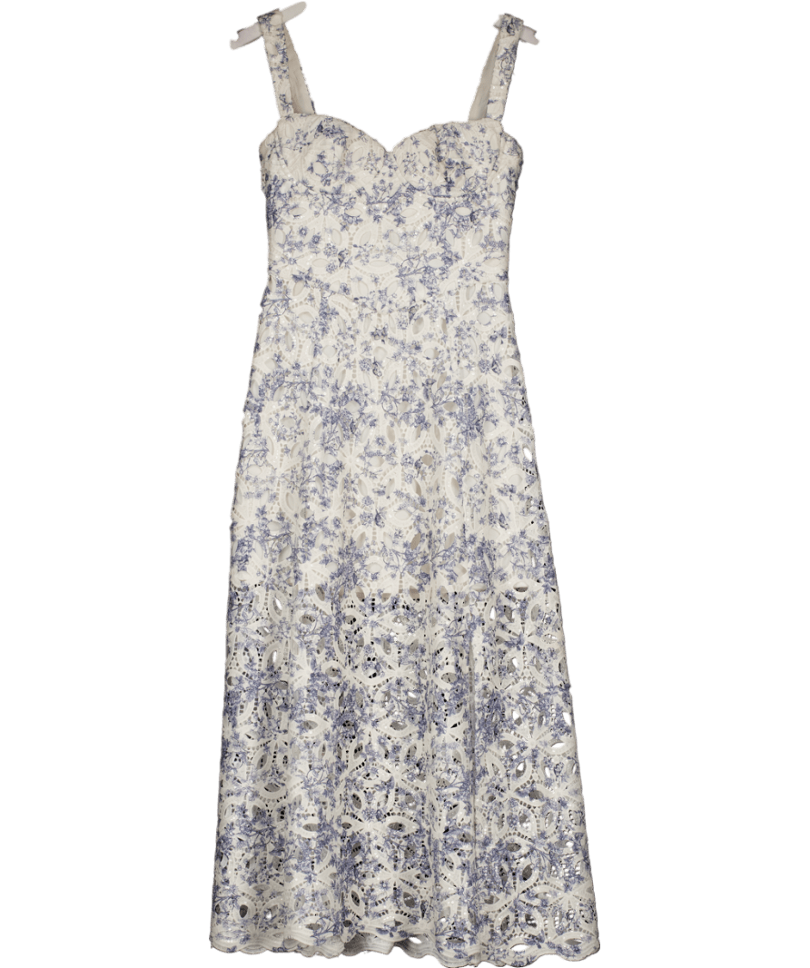 Lavish Alice Cream Sequin Broderie Midi Dress In Blue Porcelain Print UK 8 - Reliked